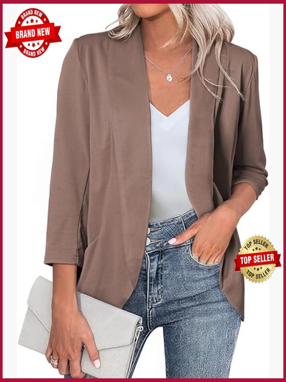 Women 3/4 Sleeve Blazer Lightweight Open Front Cardigan Jacket Office Work Suits